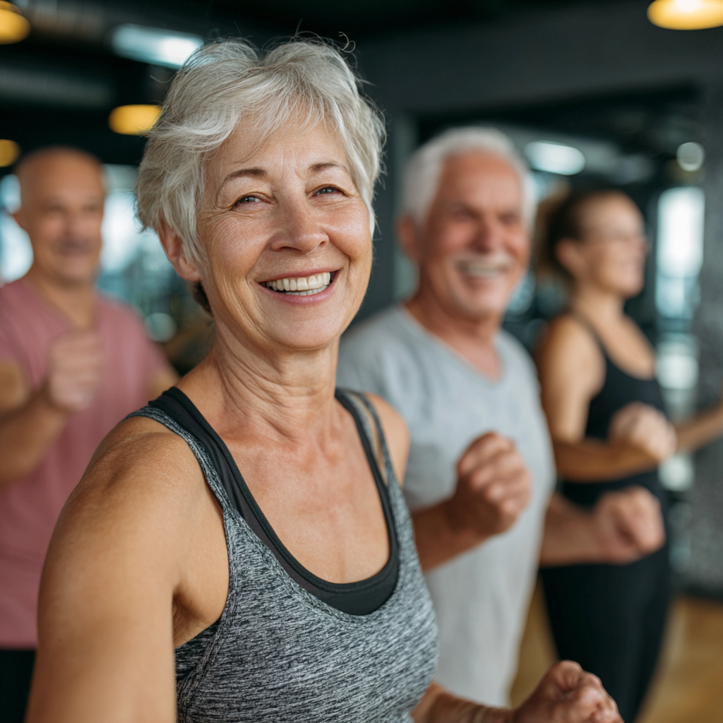 Силен български мъж на средна възраст усмихнат по време на интензивна тренировка с гири в модерна фитнес зала